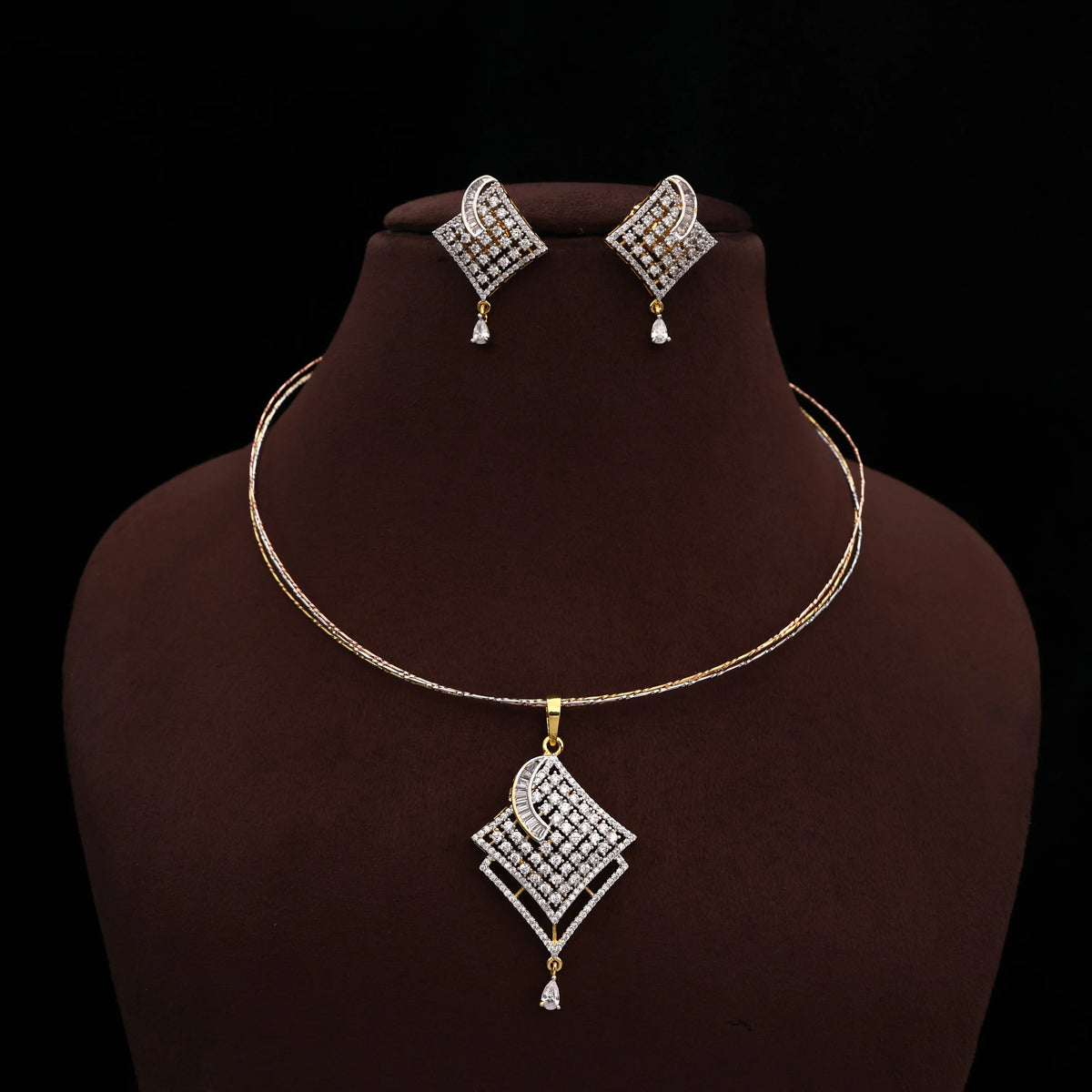 Diamond Look Premium Double Drop Pendant 3 Tone Hasli Set