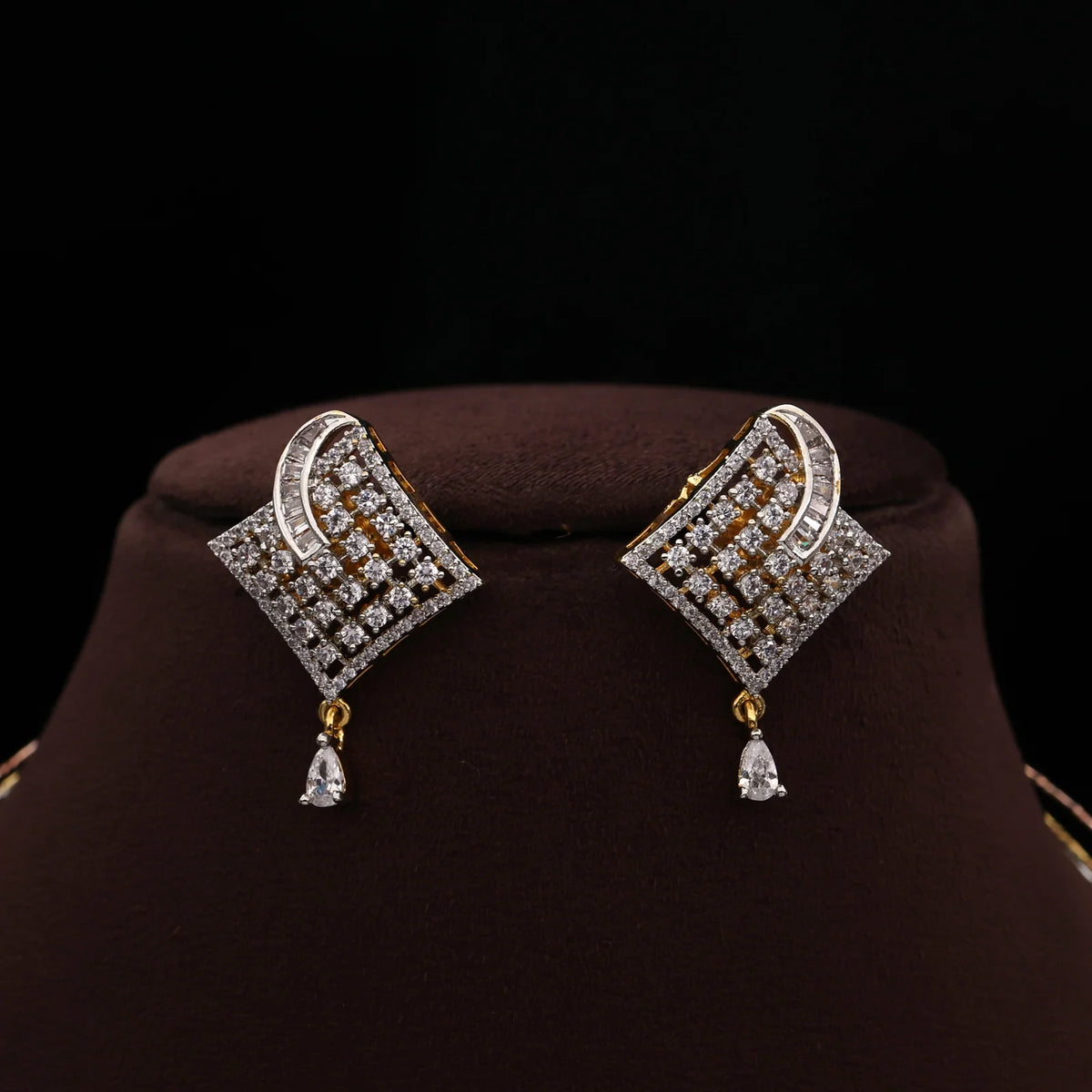 Diamond Look Premium Double Drop Pendant 3 Tone Hasli Set