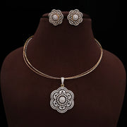Diamond Look Premium Poo Kolam Flower Pendant 3 Tone Hasli Set