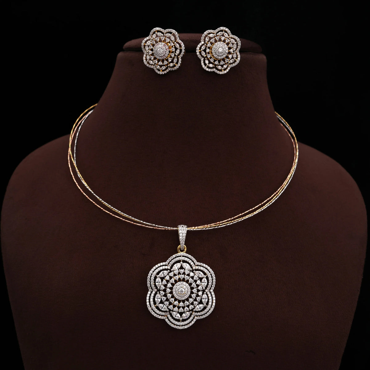 Diamond Look Premium Poo Kolam Flower Pendant 3 Tone Hasli Set