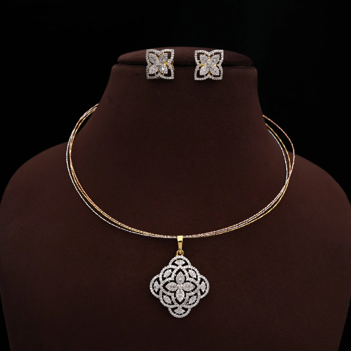 Diamond Look Premium Kolam Flower Pendant 3 Tone Hasli Set