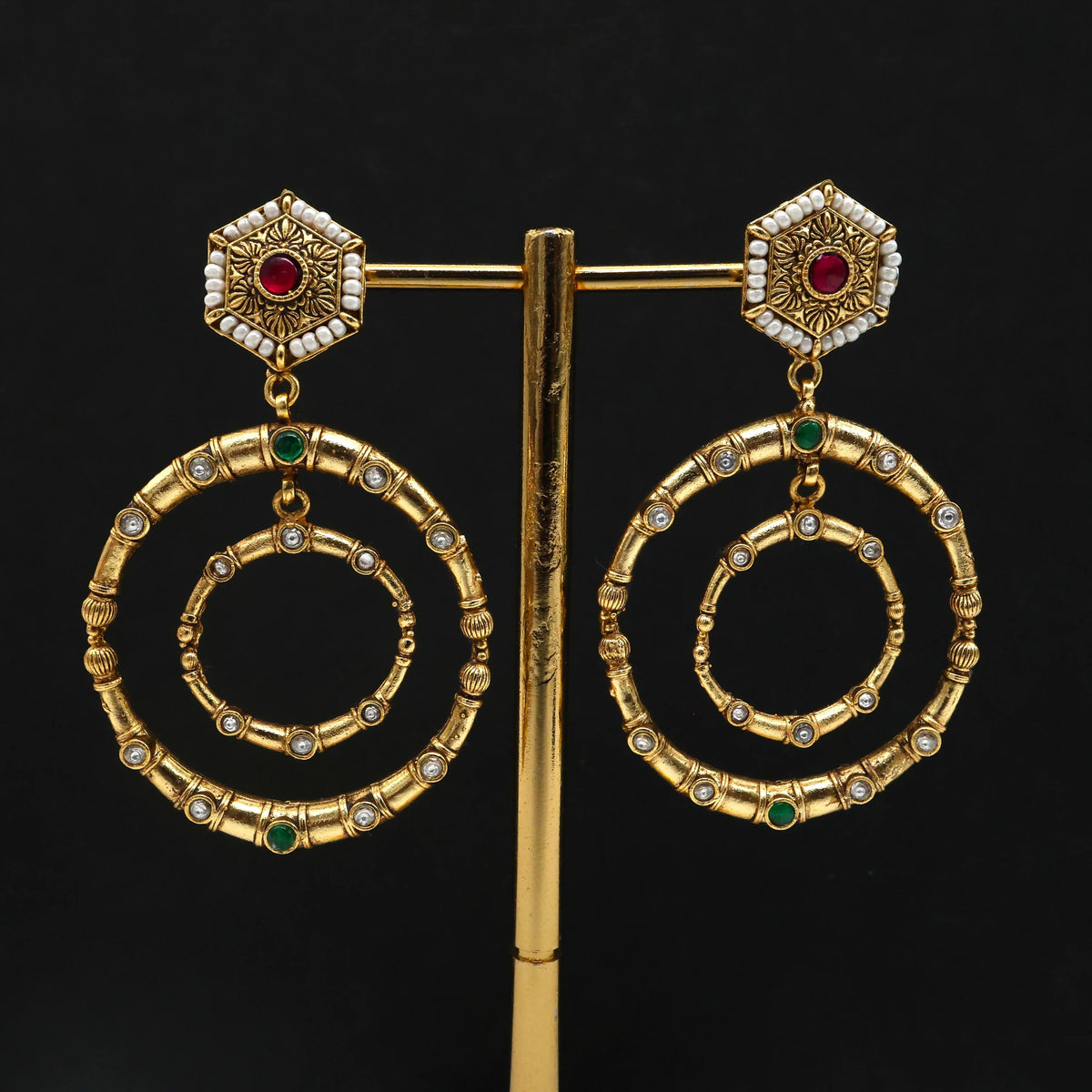 Premium Antique Gold Kemp Kundan Big Double Ring Earrings Red & Green