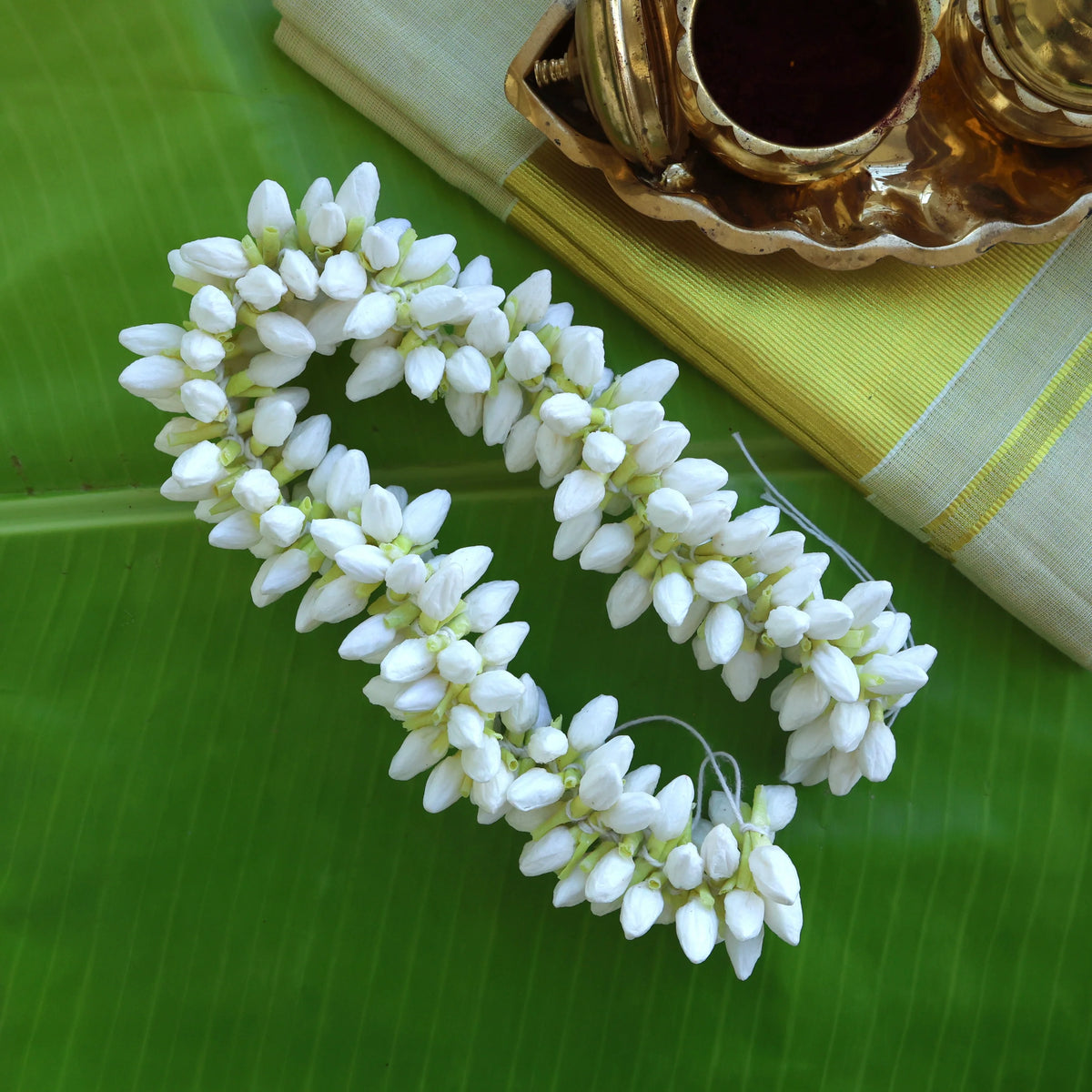 Handmade Thick Paper Based Reusable Realistic Jasmine String Flowers For Hair, Decoration & God Idols - 16 Inches