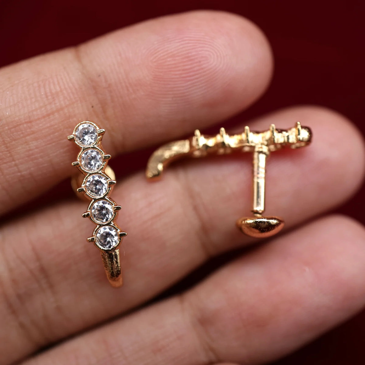 Real Gold Tone Micro Gold Polished Diamond Look Long Studs/Earrings
