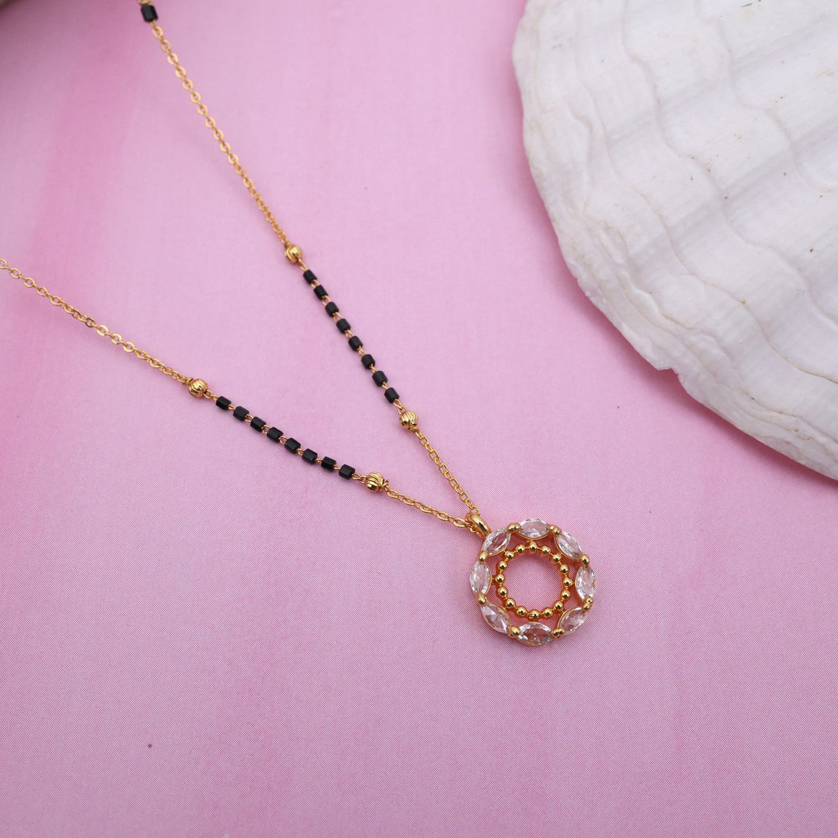 Gold Tone Premium Round Zircon Pendant Black Beads Chain