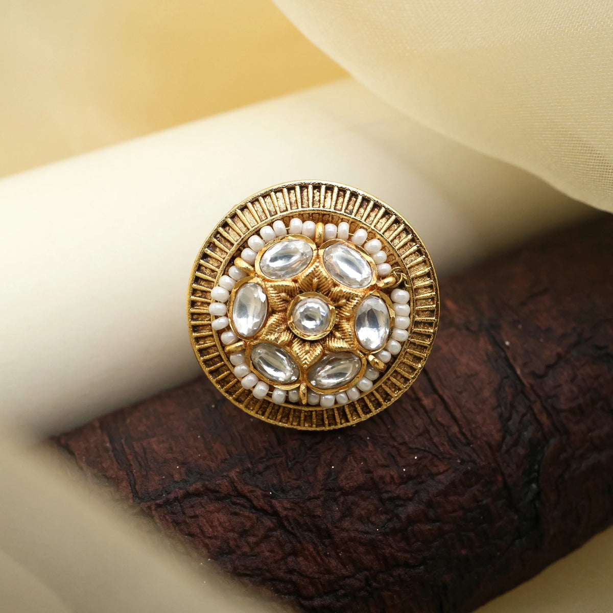 GOLD TONE CHAKRA PEARL JADAU KUNDAN ADJUSTABLE STATEMENT FINGER RING - WHITE