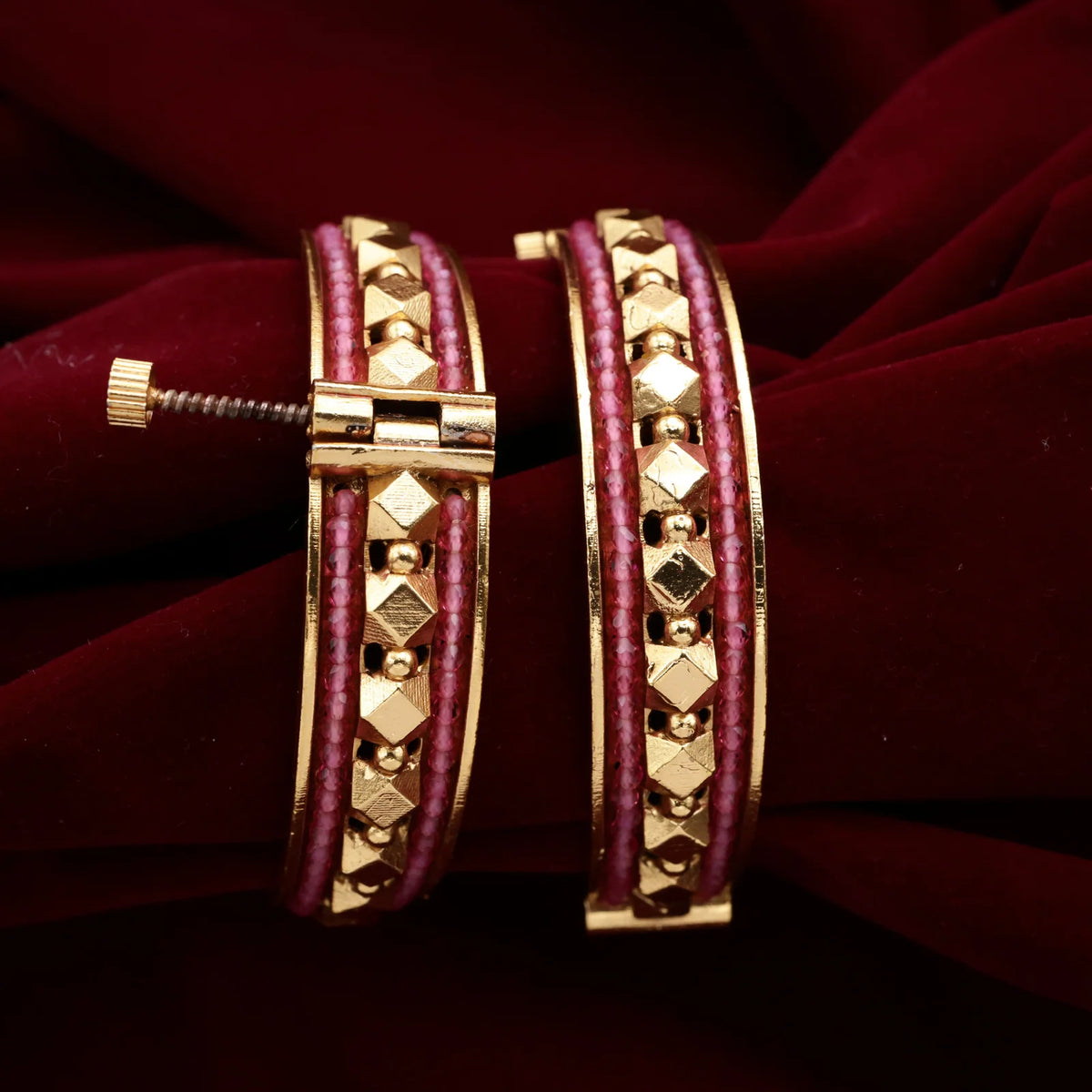 Antique Gold Thick Beads Border Gold Balls Openable Kada Bangles - Ruby