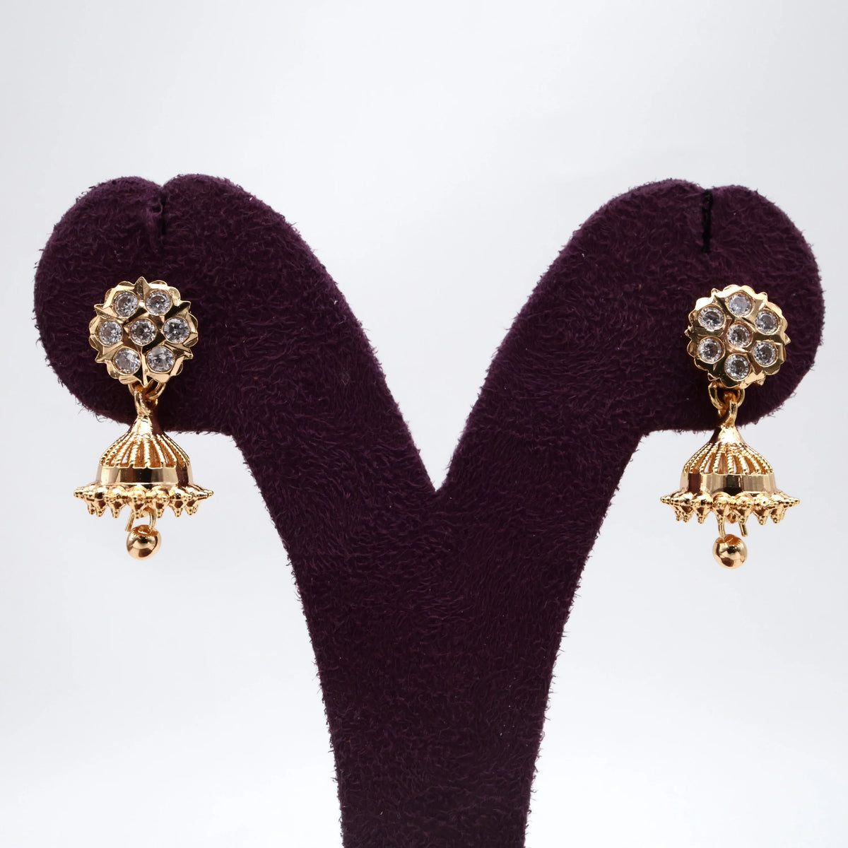 Real Gold Toned Micro Gold Polished Seven Stone Thodu Small Jhumkas - White